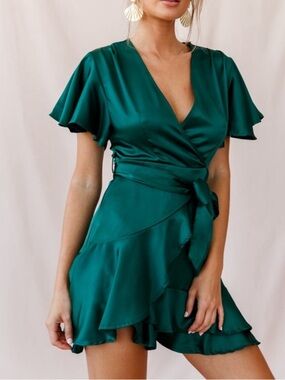 Satin Emerald Green Wrap Mini Dress with Side Tie